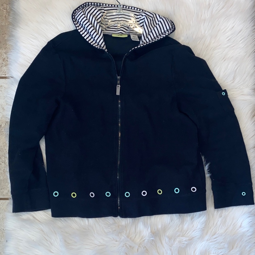 Blue  Hoodie with Striped Hood & multi colored accent circles.